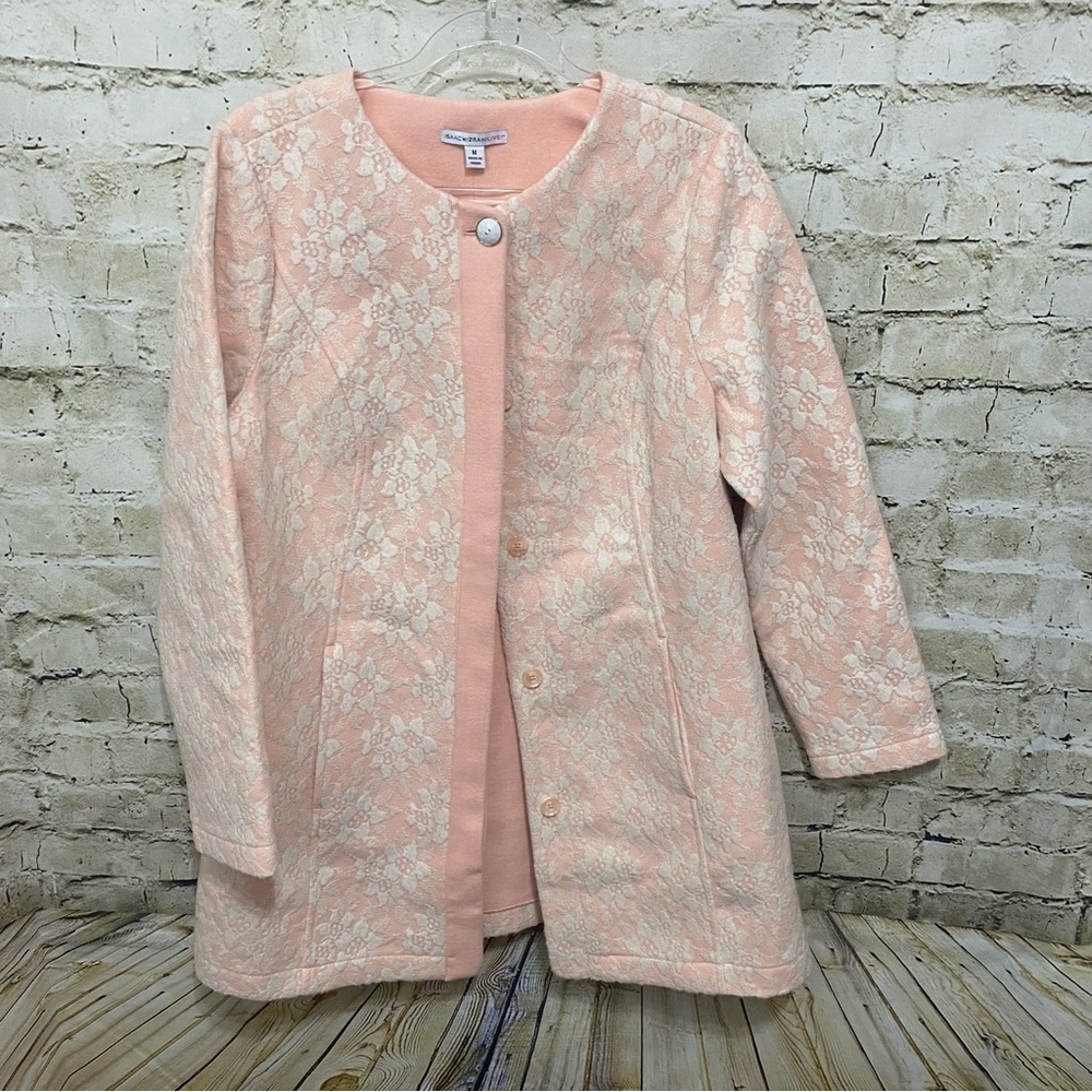 NEW Isaac Mizrahi Live Peach White Floral Fleece Lace Jacket